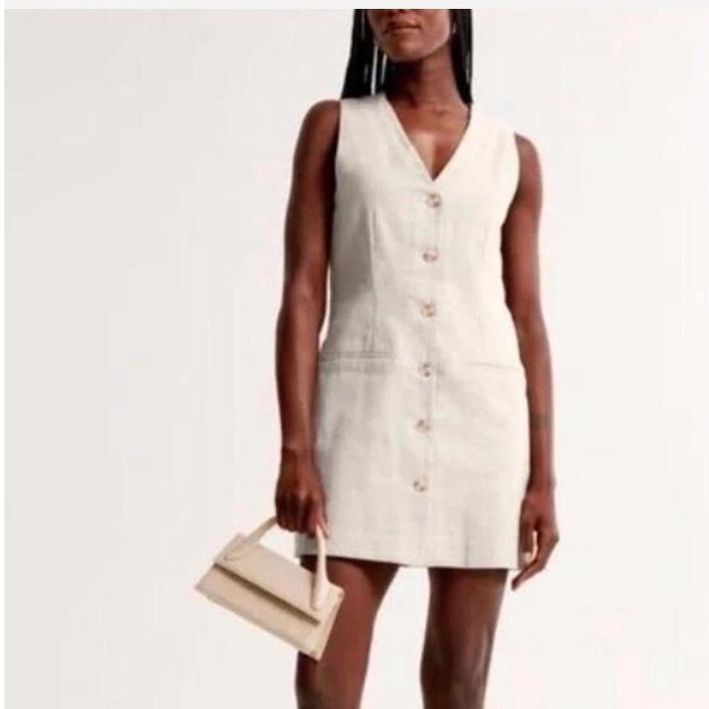 Abercrombie Linen Blend Mara Vest Mini Dress V Neck Button Front White Large